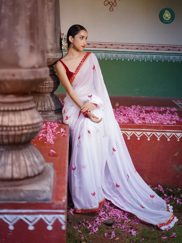 Bengal Pujo Embroidered Snow White Red Saree