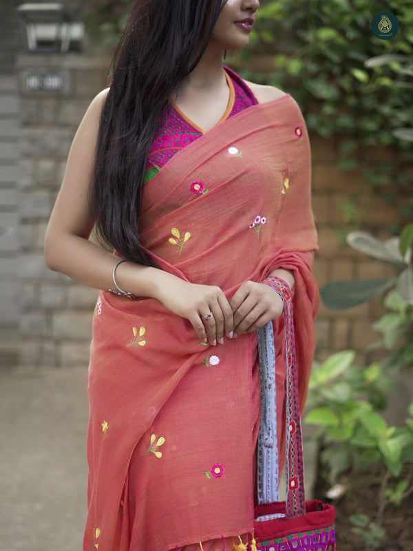 Vermilion Mul Mul Cotton Solid Saree