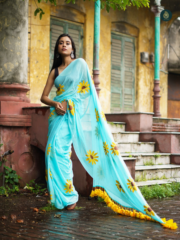 Mul Cotton Handpainted Saree - Baby Blue Sunflower