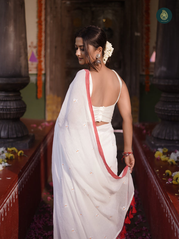 Bengal Pujo Embroidered Smoke White Red Saree