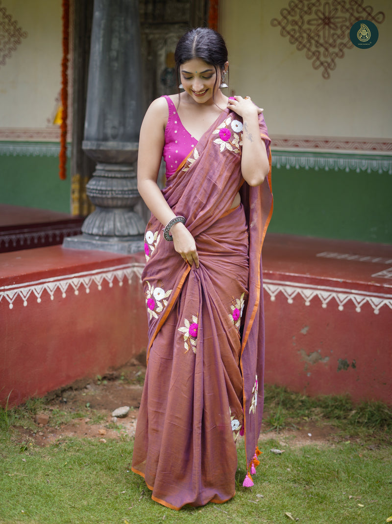 Dirt Mauve Mul Mul Cotton Embroidered Saree