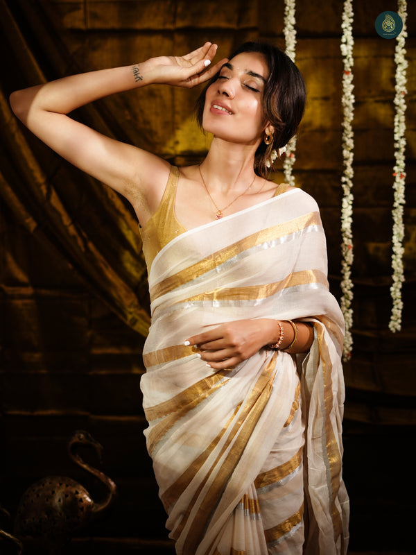 Milky White Golden Zari Stripped Mul Cotton Saree