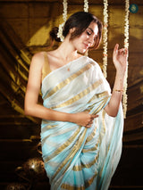 Ice Blue Golden Zari Stripped Mul Cotton Saree