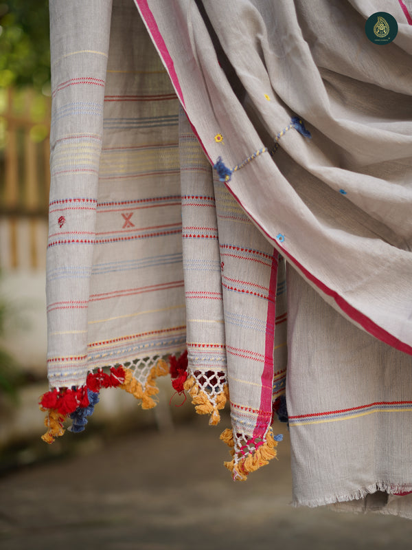 Handloom Bhujodi Kala Cotton Suit- Pearl White