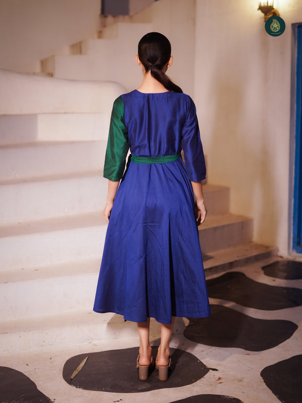 Stitched Suit Cotton Silk Blue & Green Color Block Dress