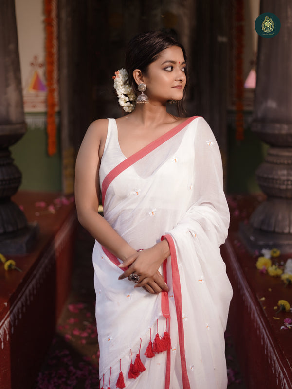 Bengal Pujo Embroidered Smoke White Red Saree