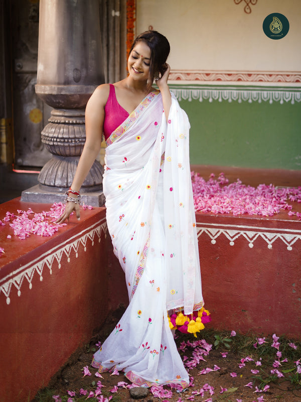 Bengal Pujo Embroidered White Red Saree