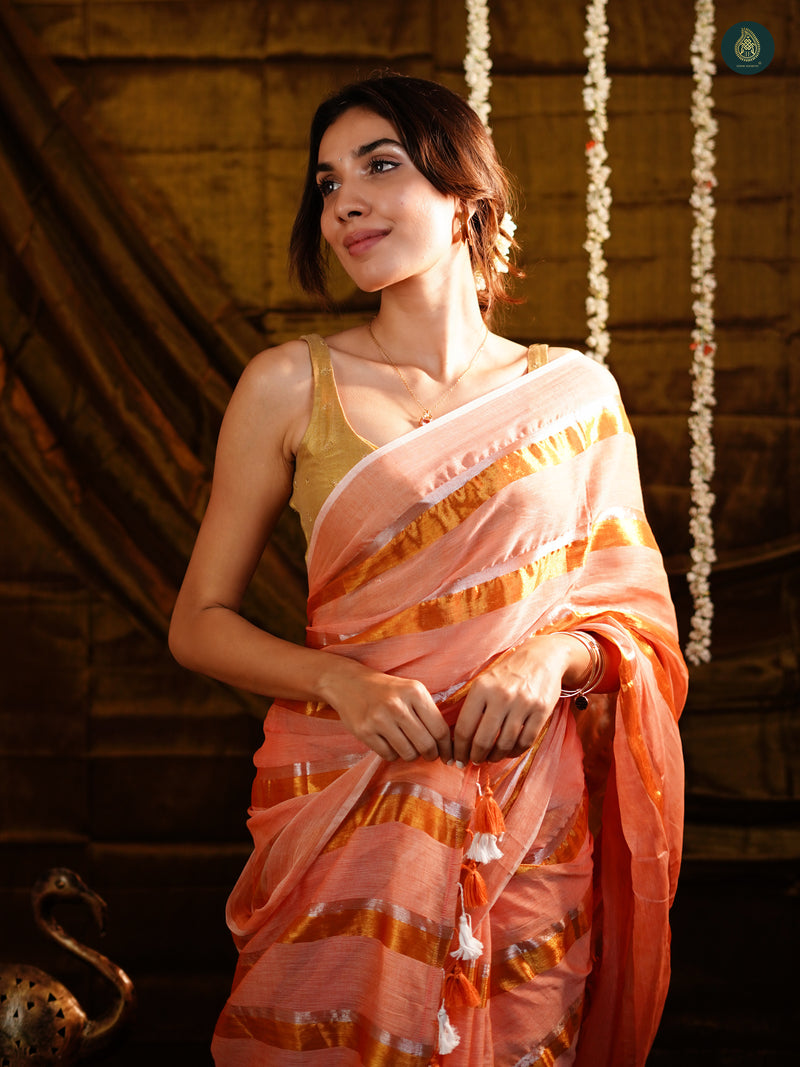 Candy Pink Golden Zari Stripped Mul Cotton Saree