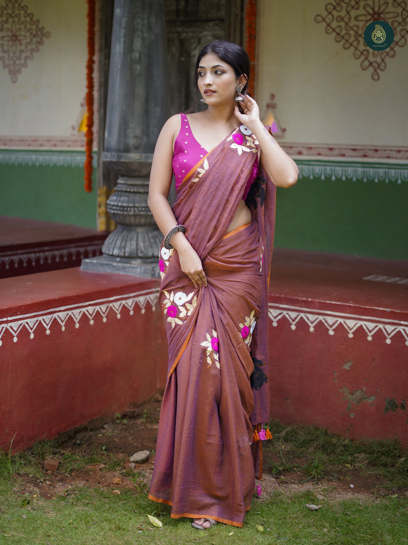 Dirt Mauve Mul Mul Cotton Embroidered Saree