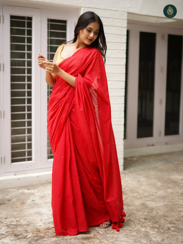 Mul Cotton Sequence Saree - Charming Red