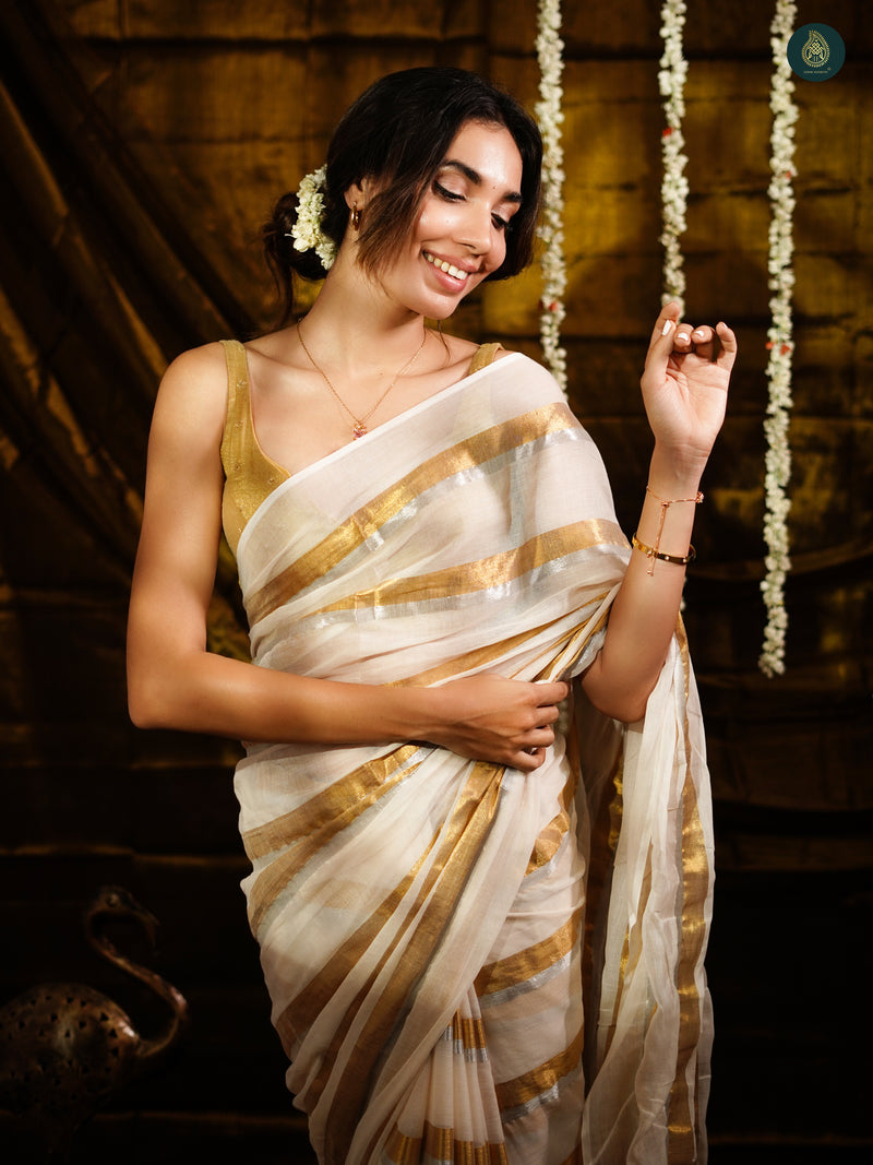 Milky White Golden Zari Stripped Mul Cotton Saree