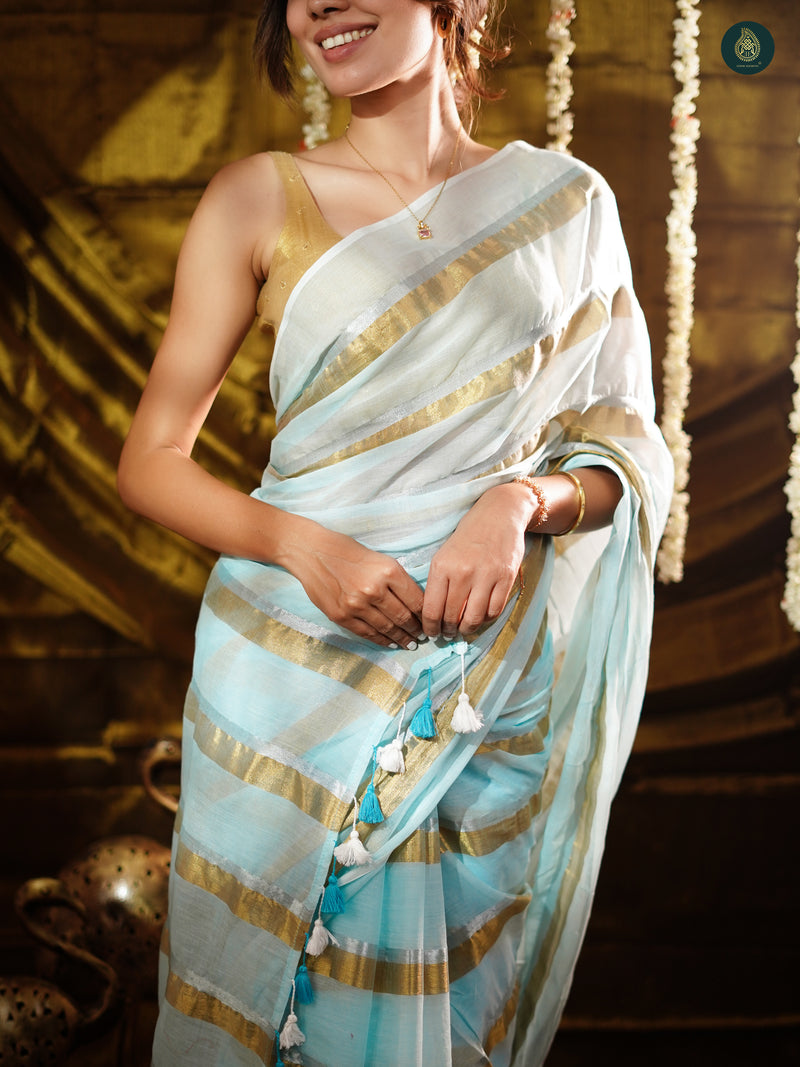 Ice Blue Golden Zari Stripped Mul Cotton Saree