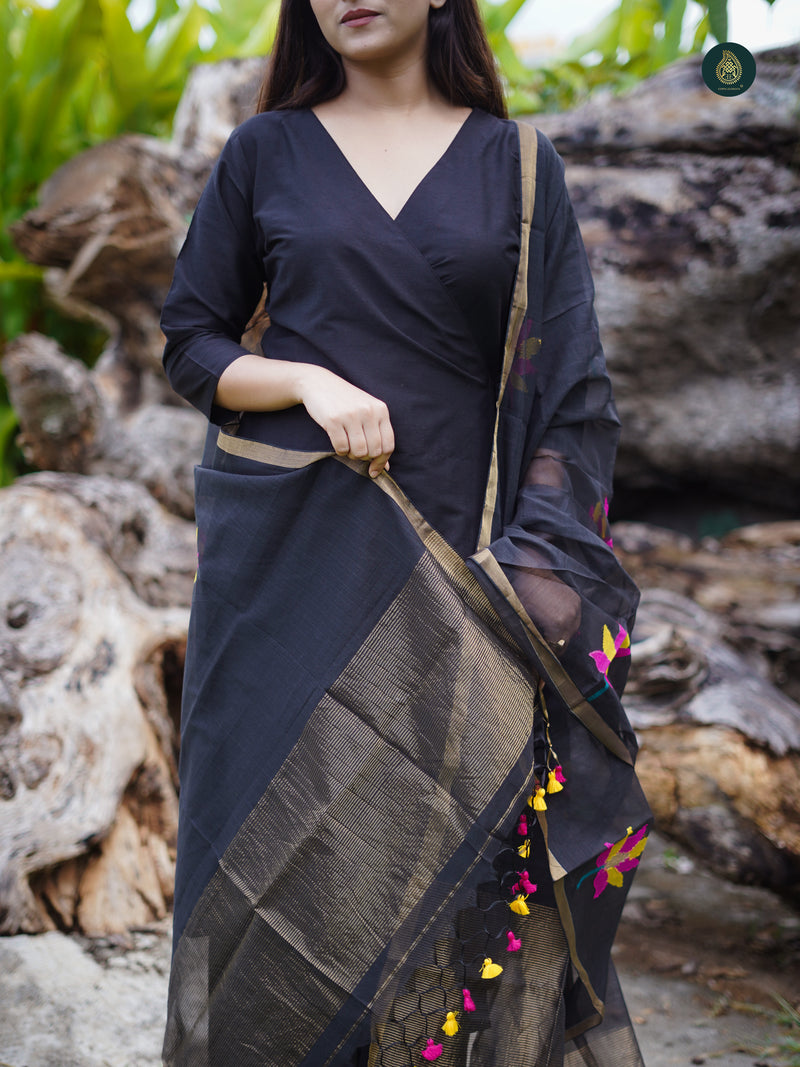 Soot Black Silk Kurta & Bottom Suit ( 3 Piece Set )