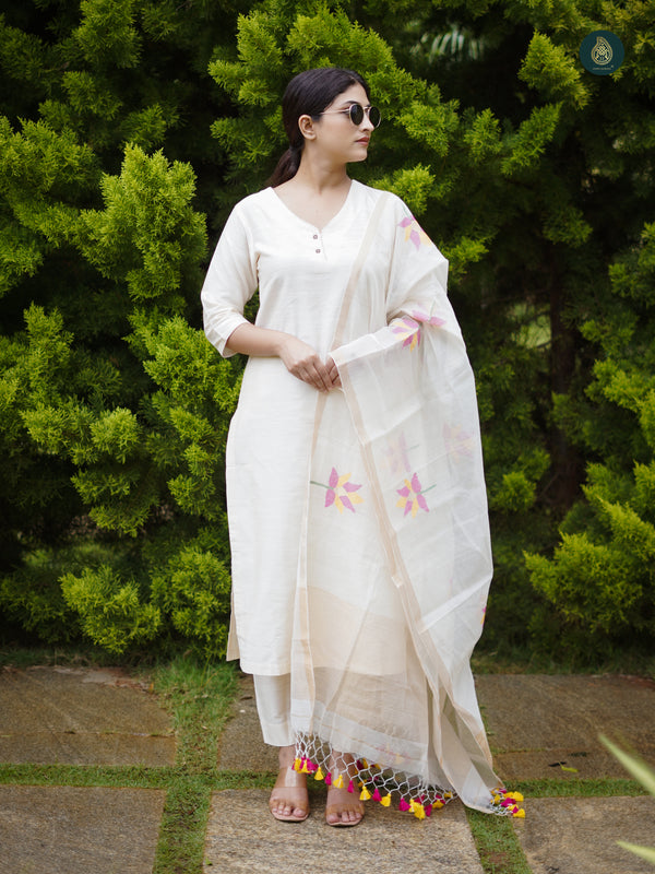 Stitched Cotton Silk Kurta, Bottom & Duppata Pearl White (3 Piece Set )