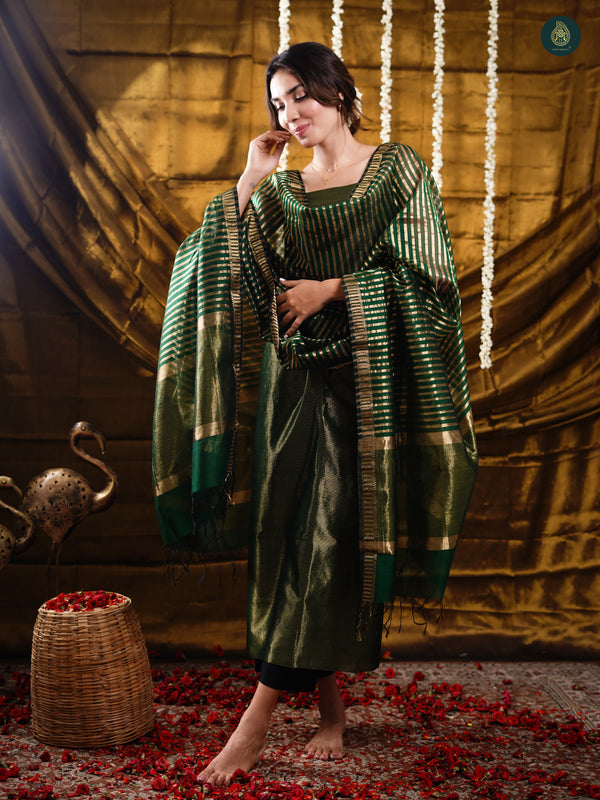 Tissue Maheswari Silk Unstitched 2pcs Suit Set- Moss Green