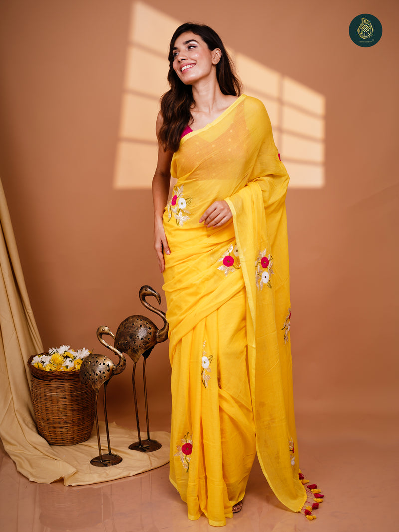 Paradise Yelow Mul Mul Cotton Embroidered Saree