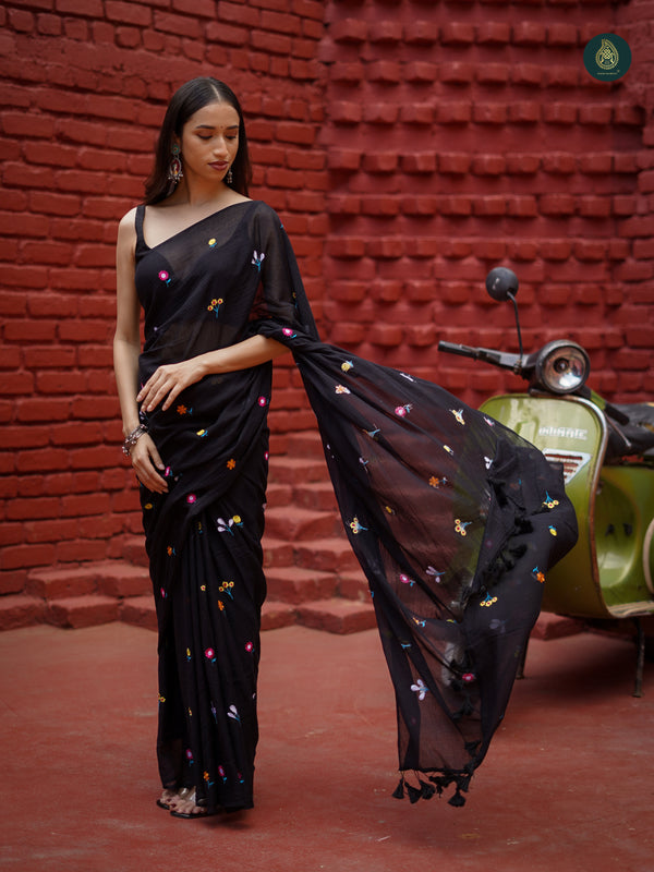 Coal Black Mul Mul Cotton Solid Saree