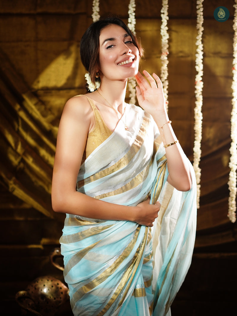 Ice Blue Golden Zari Stripped Mul Cotton Saree