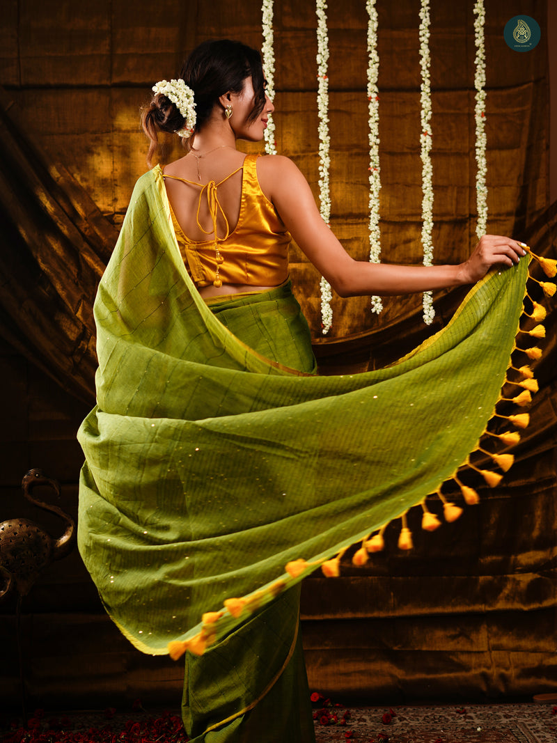 Juniper Green Sequin Mul Cotton Saree