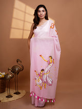 Baby Pink Hand Painted Mul Cotton Saree