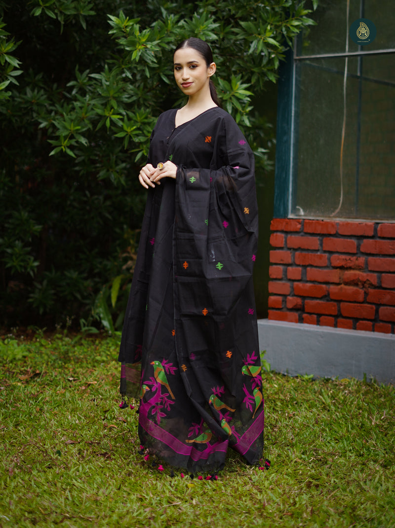 Sable Black Silk Kurta & Bottom Suit ( 3 Piece Set )