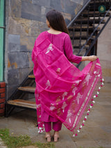 Magenta Pink Silk Kurta & Bottom Suit ( 3 Piece Set )