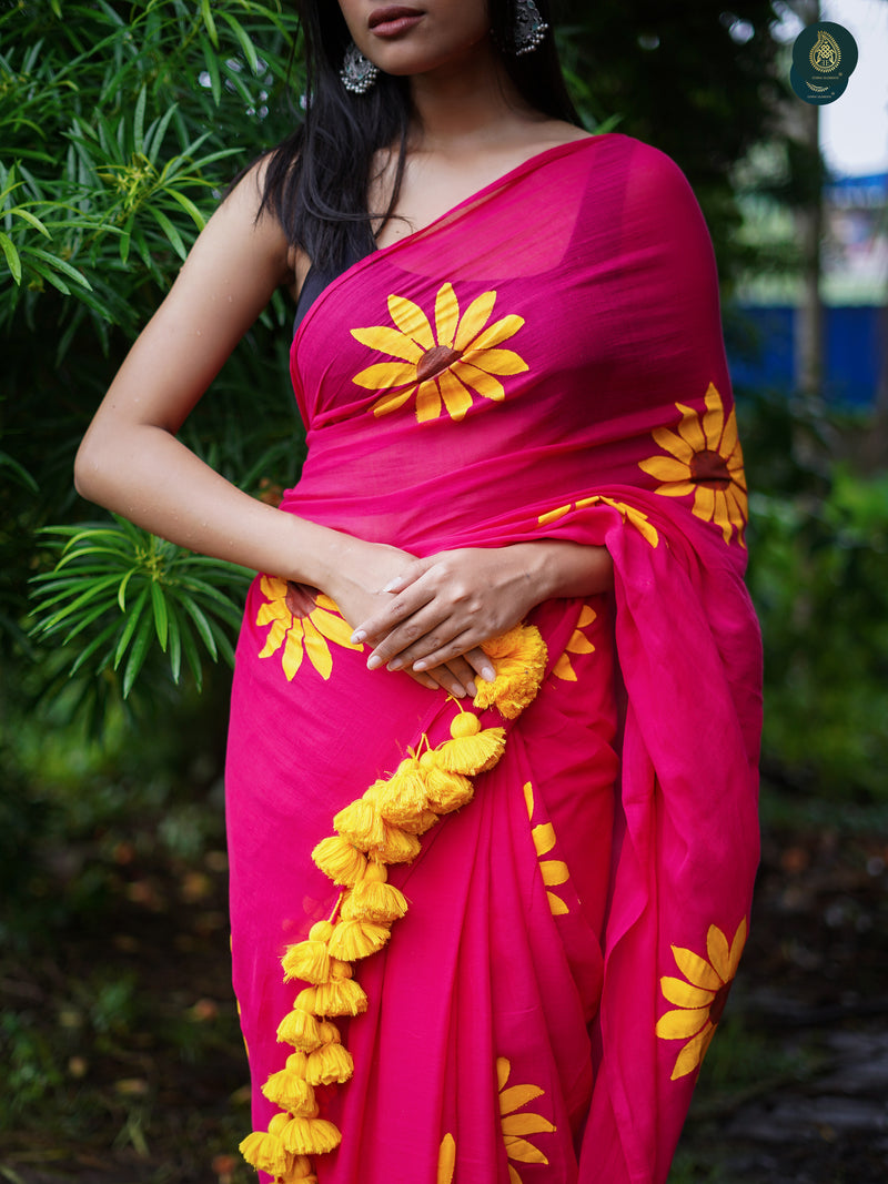 Mul Cotton Handpainted Saree - Charmed Pink Sunflower