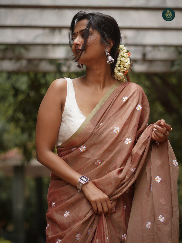 Mul Cotton Embroidered Saree - Shiuli Mocha