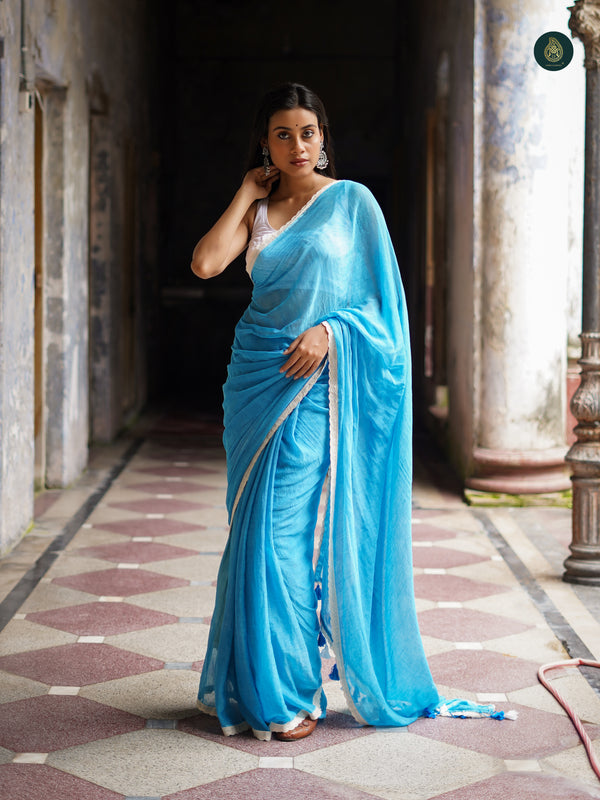 Arctic Blue Saadgi Mul Cotton Solid Saree