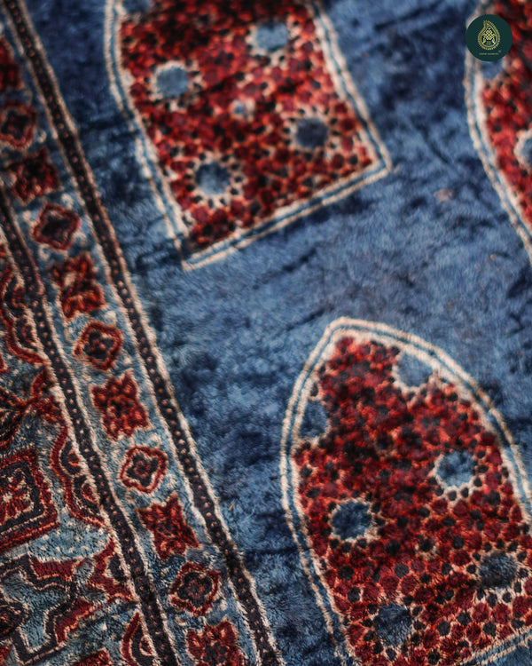 Ajrakh Velvet Fabric Antique Berry Blue