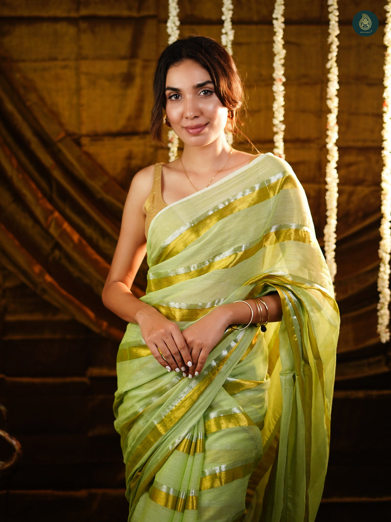 Pista Green Golden Zari Stripped Mul Cotton Saree