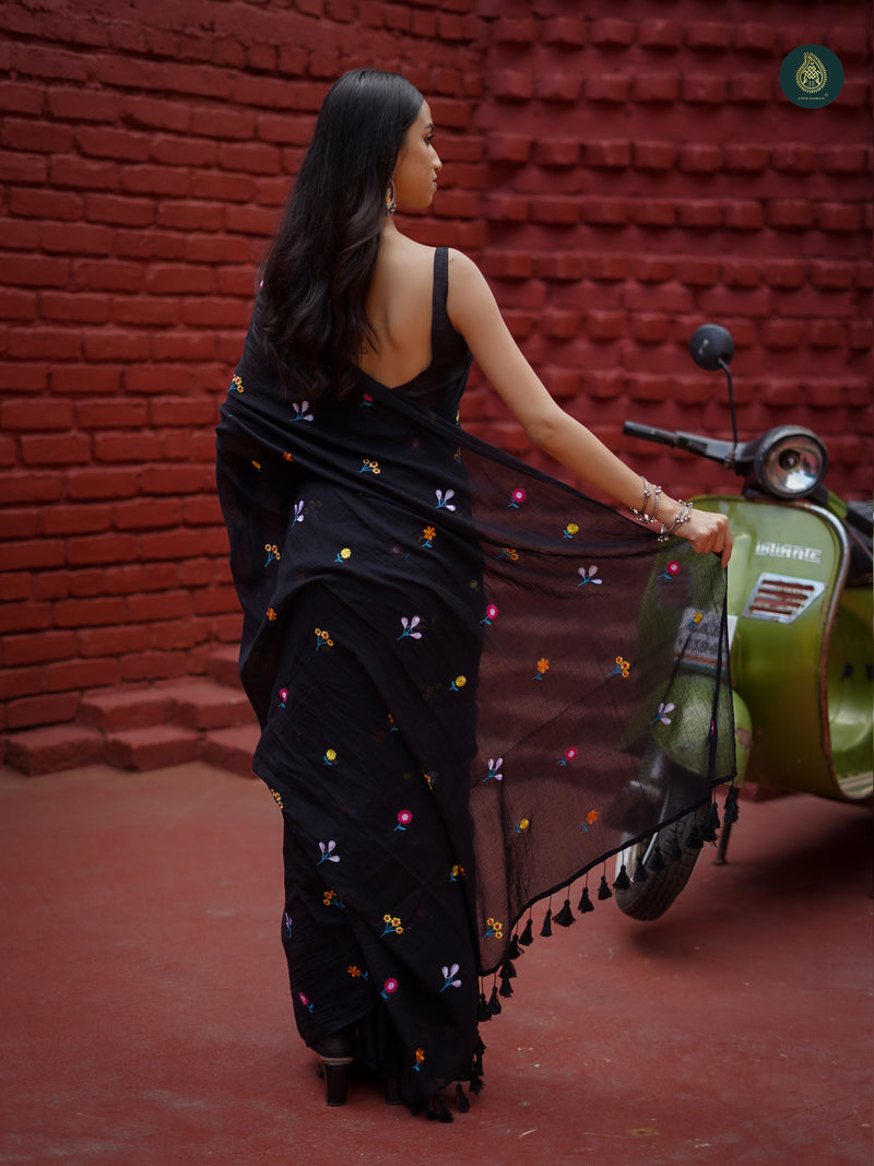 Coal Black Mul Mul Cotton Solid Saree