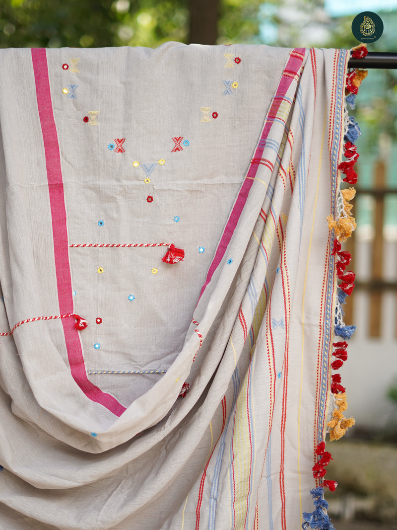 Handloom Bhujodi Kala Cotton Suit- Pearl White