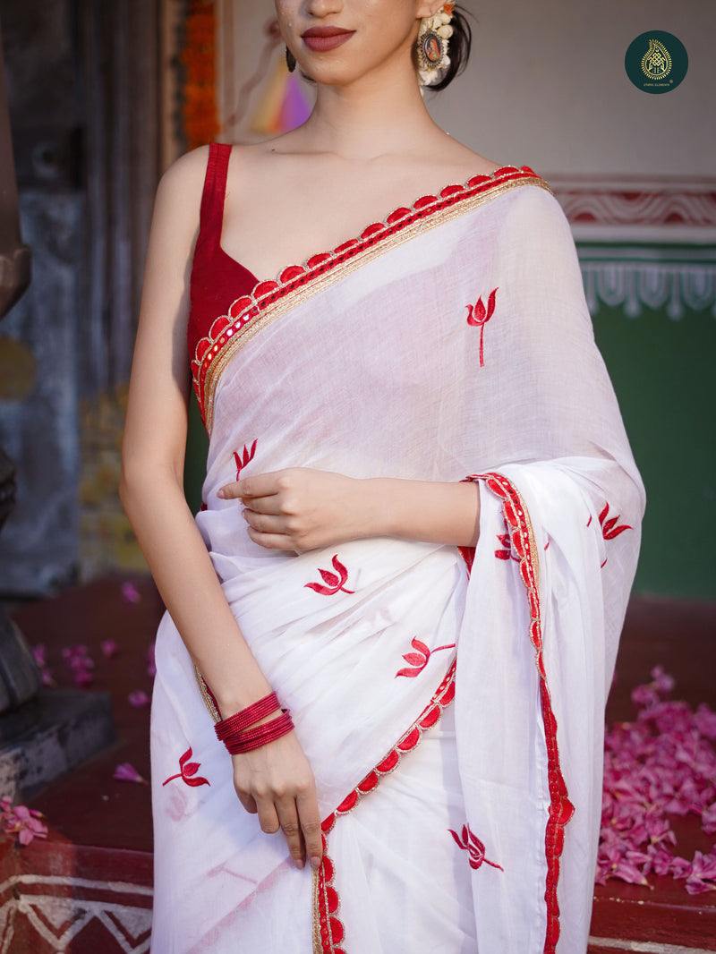 Bengal Pujo Embroidered Snow White Red Saree