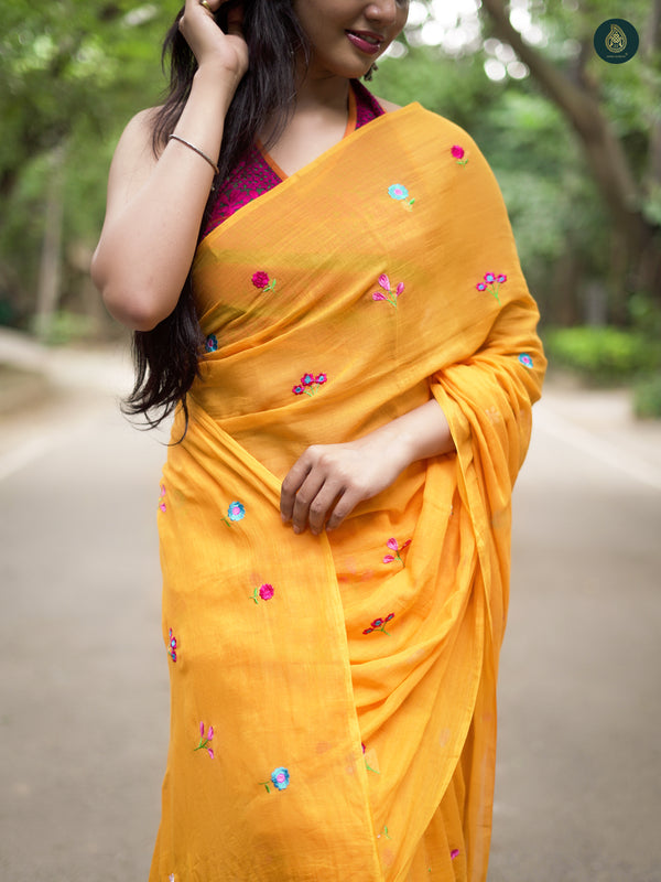 Tuscan Yellow Mul Mul Cotton Solid Saree