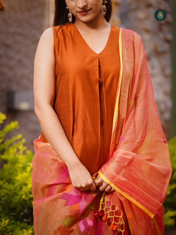 Metallic Orange Silk Kurta & Bottom Stitched Suit ( 3 Piece Set )