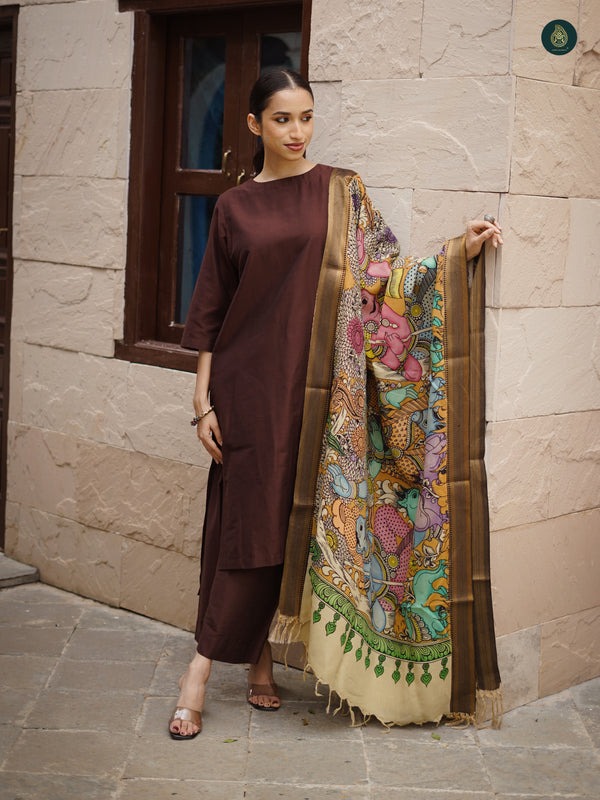 Umber Brown Silk Kurta & Bottom Stitched Suit ( 3 Piece Set )