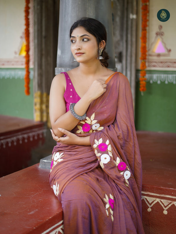 Dirt Mauve Mul Mul Cotton Embroidered Saree