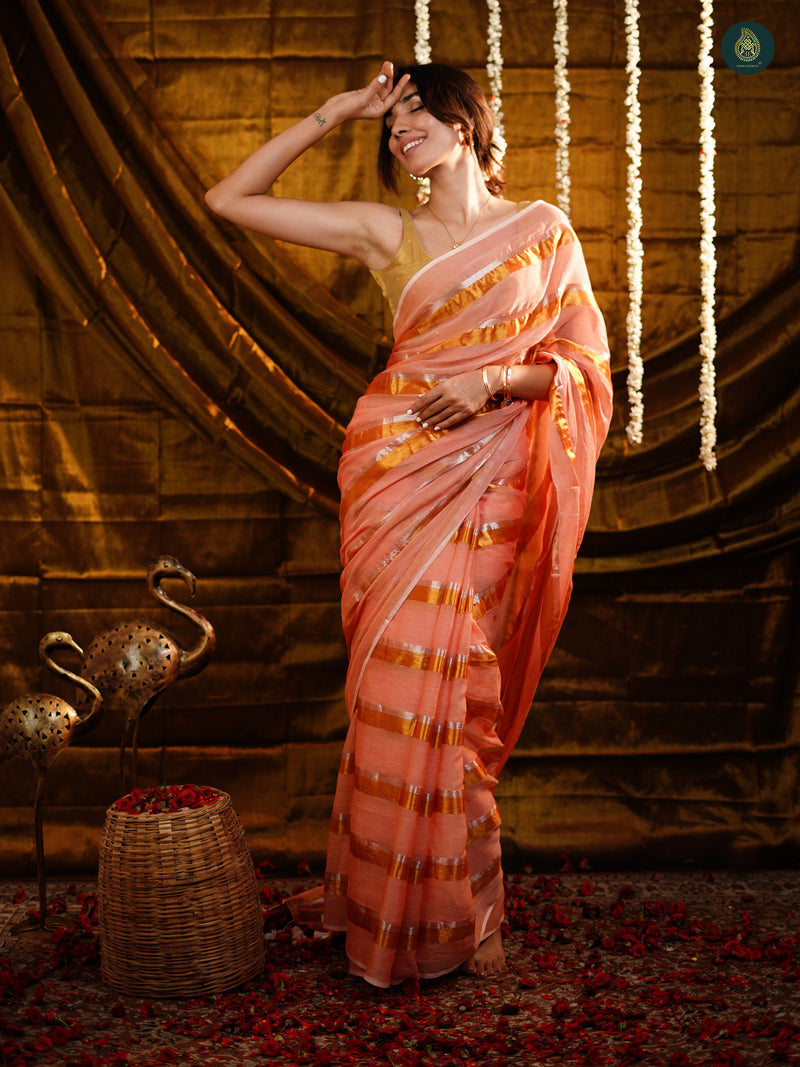 Candy Pink Golden Zari Stripped Mul Cotton Saree