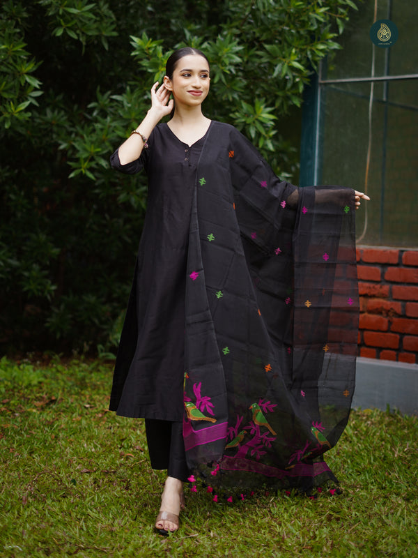 Sable Black Silk Kurta & Bottom Stitched Suit ( 3 Piece Set )