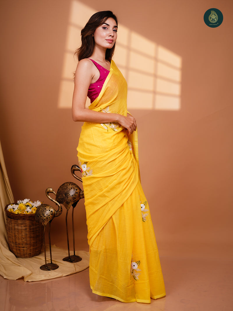 Paradise Yelow Mul Mul Cotton Embroidered Saree