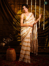 Milky White Golden Zari Stripped Mul Cotton Saree