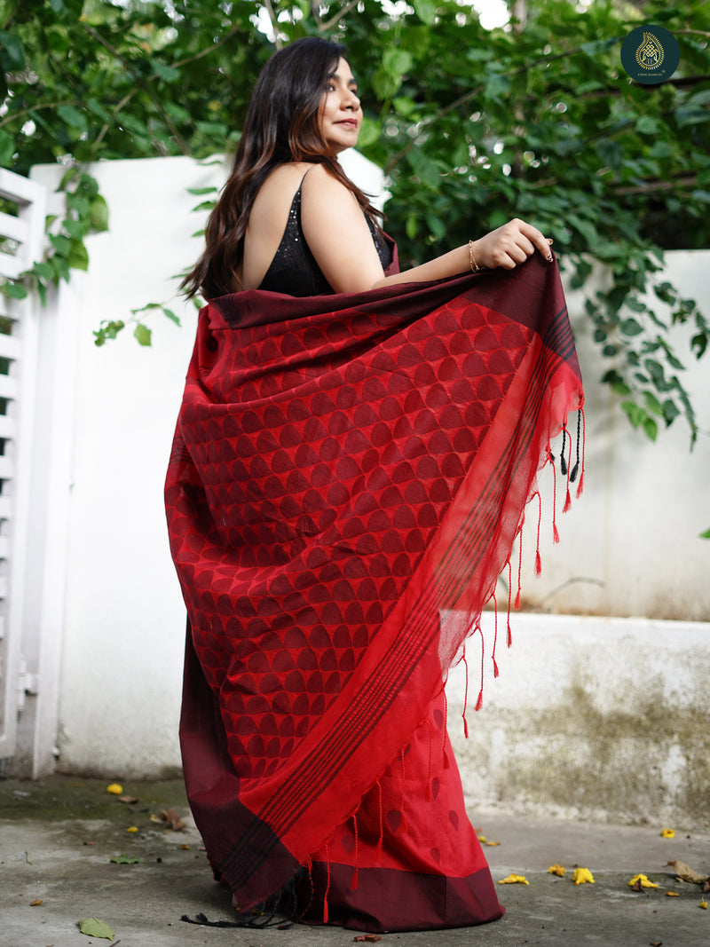 Berry Red Jacquard Jamdani Weaving Cotton Saree