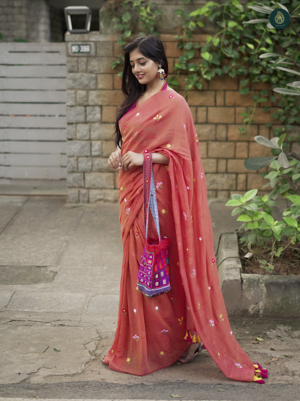 Vermilion Mul Mul Cotton Solid Saree