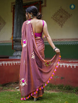 Dirt Mauve Mul Mul Cotton Embroidered Saree