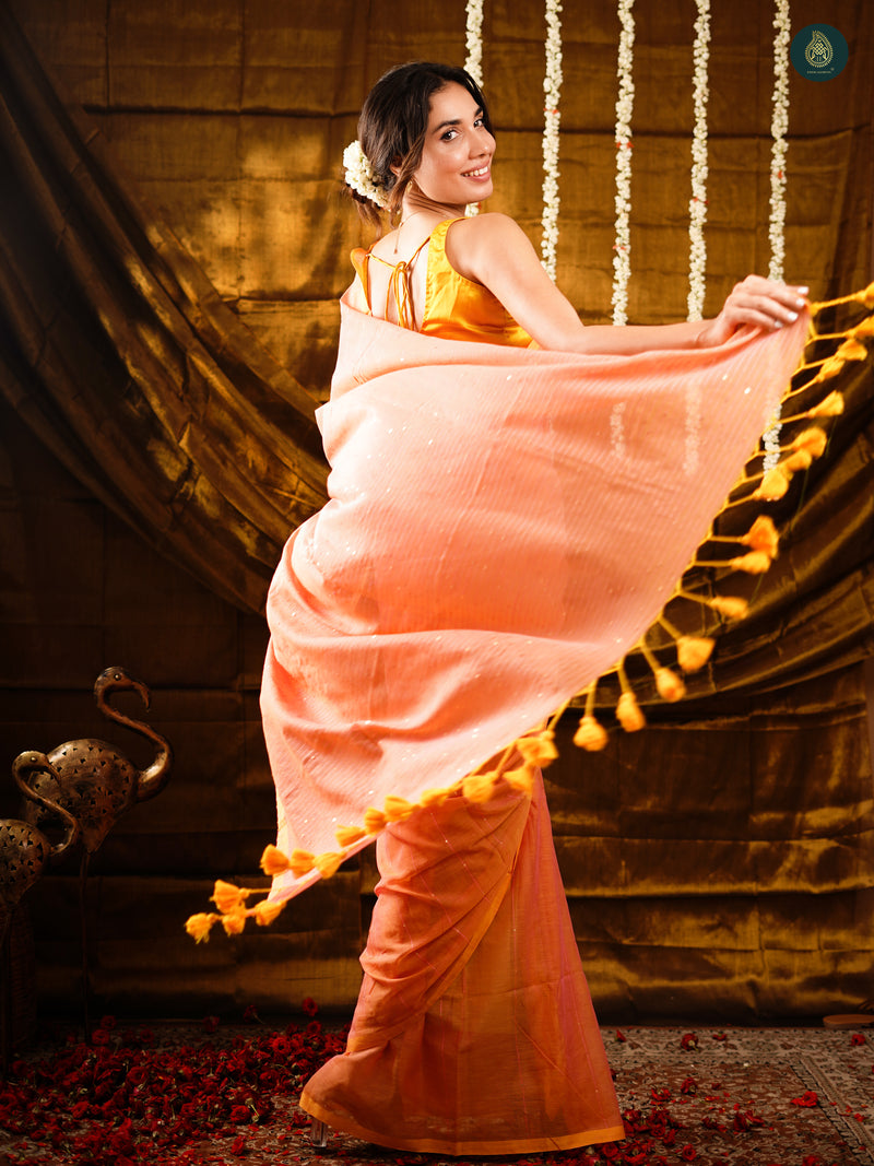 Apricot Orange Sequin Mul Cotton Saree