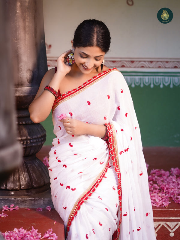 Bengal Pujo Embroidered Off White Red Saree