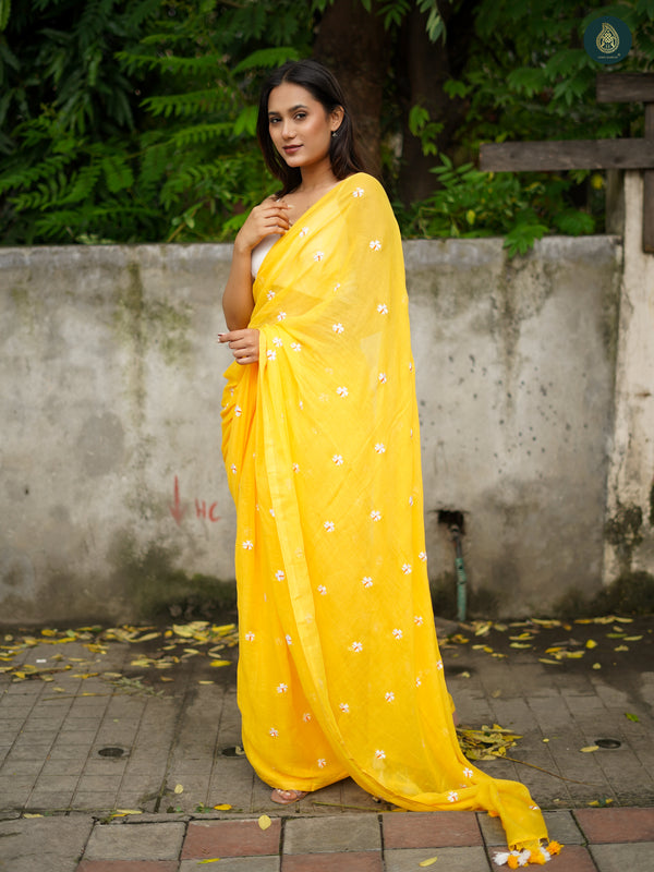 Mul Cotton Embroidered Saree - Shiuli Yellow