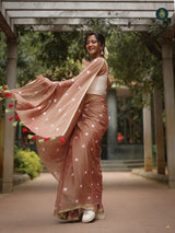 Mul Cotton Embroidered Saree - Shiuli Mocha