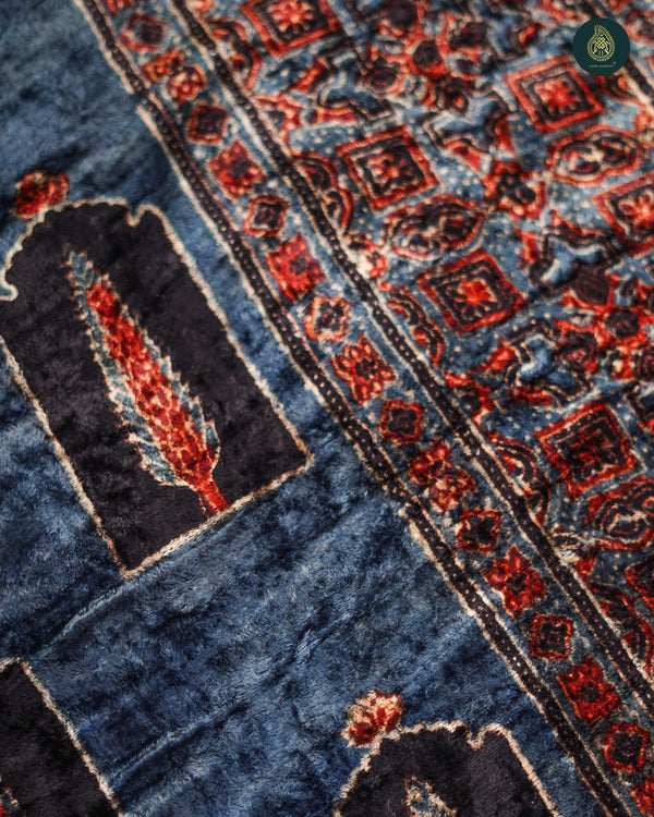 Ajrakh Velvet Fabric Cornie Marine Blue